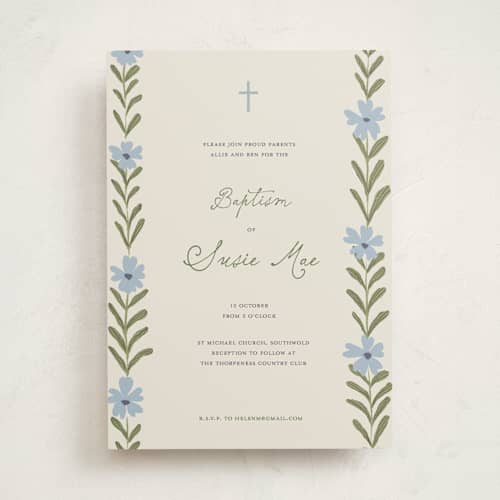 This is a navy baptism and christening announcements with standard by Lottie Aldarwish called flora printing on signature in standard
