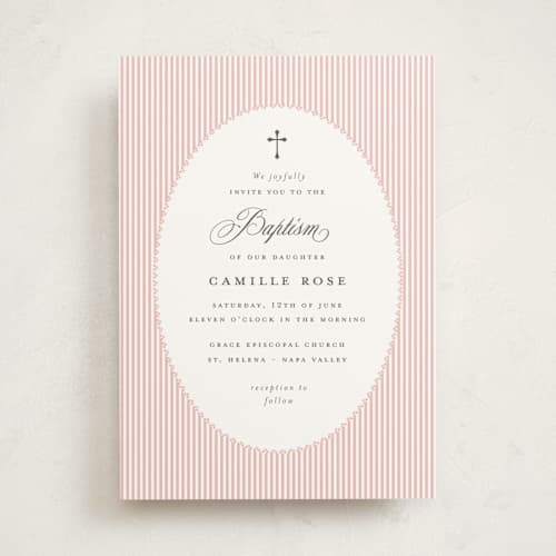 This is a blush baptism and christening announcements with standard by Benita Crandall called preppy stripes printing on signature in standard