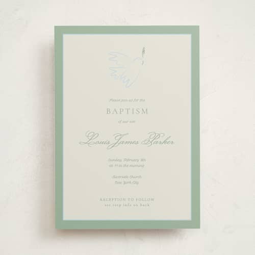 This is a sage baptism and christening announcements with standard by Paloma Morand Monteil called the holy whisper printing on signature in standard