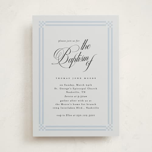 This is a bluebell baptism and christening announcements with standard by Alethea and Ruth called woven border printing on signature in standard