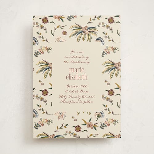 This is a tan baptism and christening announcements with standard by Becky Nimoy called silk floral print printing on signature in standard