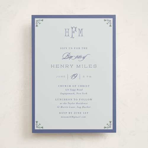 This is a cloud baptism and christening announcements with standard by Nicoletta Savod called heirloom monogram printing on signature in standard