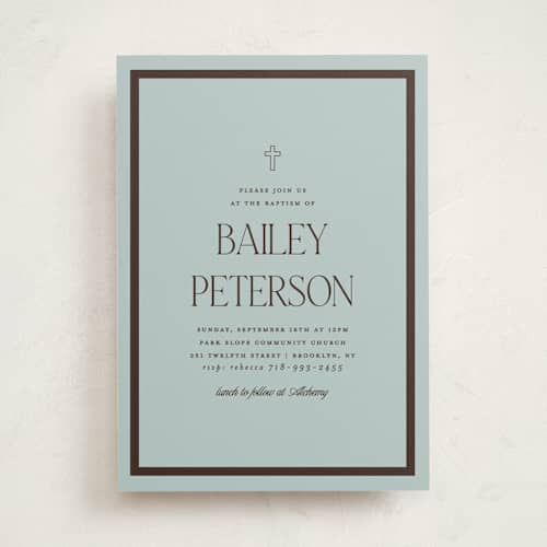 This is a slate baptism and christening announcements with standard by Morgan Kendall called park slope printing on signature in standard