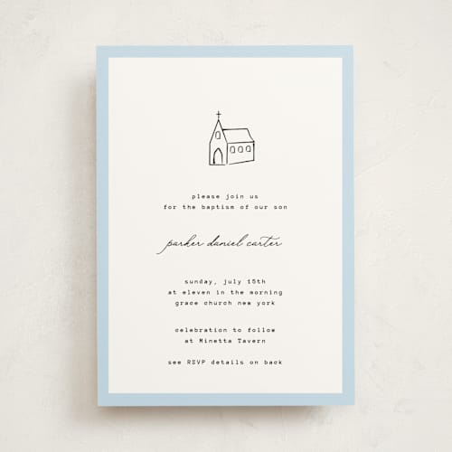 This is a sky baptism and christening announcements with standard by Jennifer Lew called modern chapel printing on signature in standard