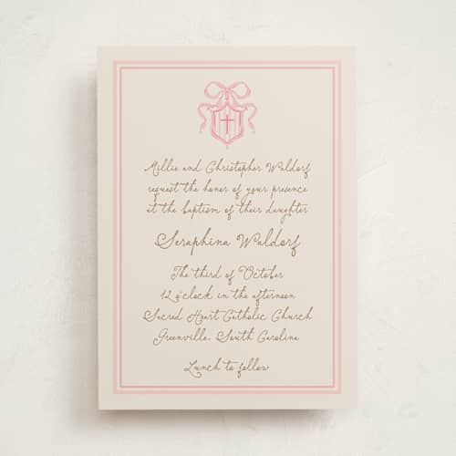 This is a peony baptism and christening announcements with standard by Jackie Crawford called little bow crest printing on signature in standard