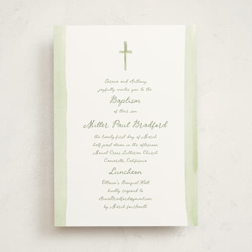 This is a forest baptism and christening announcements with standard by Kamala Nahas called watercolor cross printing on signature in standard