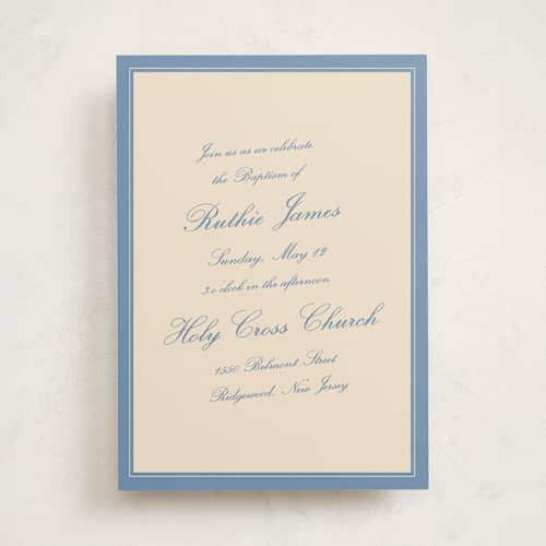 This is a denim baptism and christening announcements with standard by Pixel and Hank called minimal baptism printing on signature in standard