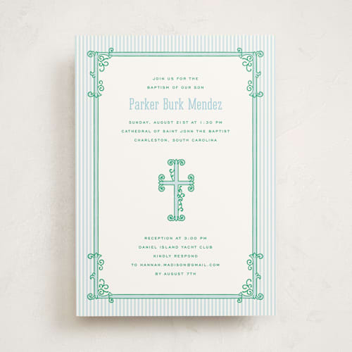 This is a pacific baptism and christening announcements with standard by Kamala Nahas called filigree border printing on signature in standard