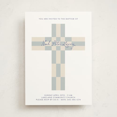 This is a celestial baptism and christening announcements with standard by Gwen Bedat called geo cross printing on signature in standard