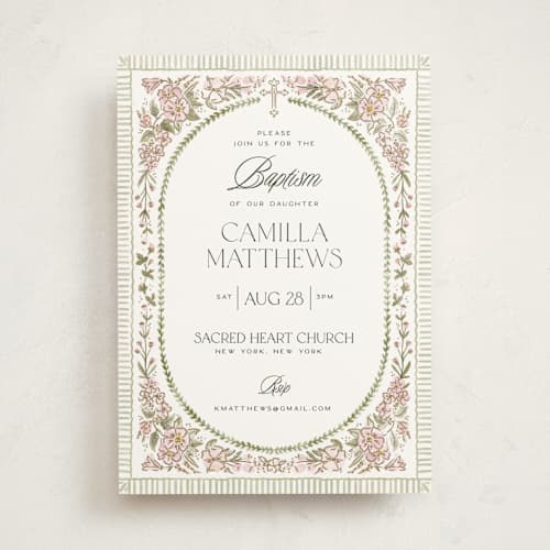 This is a rose baptism and christening announcements with standard by Jenna Holcomb called wildflower frame printing on signature in standard