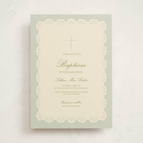 This is a sage baptism and christening announcements with standard by Rina Ozum called vintage lace printing on signature in standard