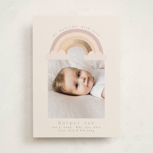 This is a blush foil stamped birth announcements with foil pressed by Angela Thompson called rainbow sky printing on signature in standard