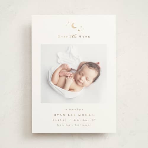 This is a fawn foil stamped birth announcements with foil pressed by AK Graphics called over the moon printing on signature in standard