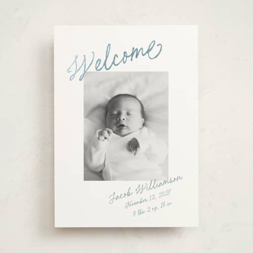 This is a cotton foil stamped birth announcements with foil pressed by Stacy Maalouf called sweet welcome printing on signature in standard