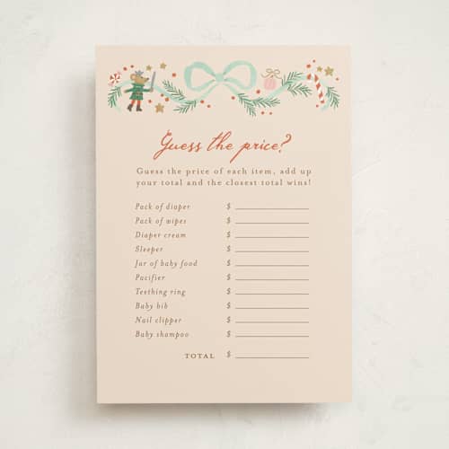 This is a cream baby shower game activity cards with standard by Jennifer Wick called little sugar plum printing on signature in standard