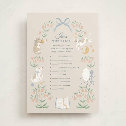 This is a forget-me-not baby shower game activity cards with standard by Jamie Alexander called hey, diddle diddle printing on signature in standard