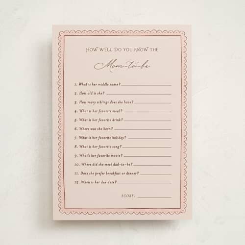 This is a blush baby shower game activity cards with standard by JeAnna Casper called tea party printing on signature in standard