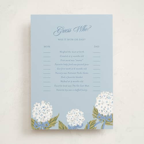 This is a blue bell baby shower game activity cards with standard by Jackie Crawford called hydrangea bow bouquets printing on signature in standard