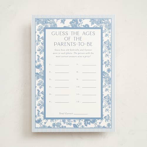 This is a powder baby shower game activity cards with standard by Jenna Holcomb called rocking horse baby printing on signature in standard