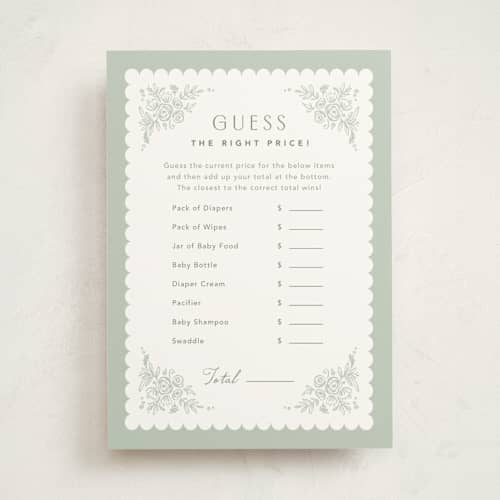 This is a sage baby shower game activity cards with standard by Kristen Smith called story book frame printing on signature in standard