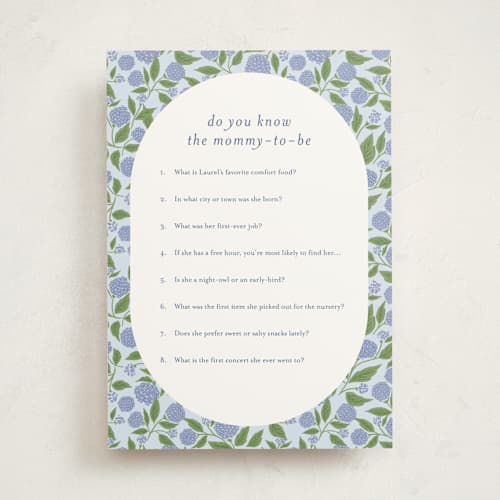 This is a sky baby shower game activity cards with standard by Cindy Reynolds called hydrangea pram printing on signature in standard