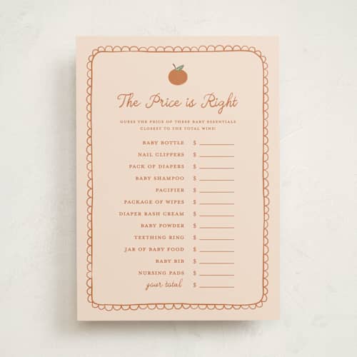 This is a peach baby shower game activity cards with standard by Kelly Watkins called a little cutie printing on signature in standard