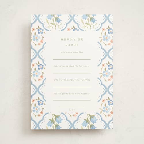This is a icing baby shower game activity cards with standard by samovilka called bluefloralbaby printing on signature in standard