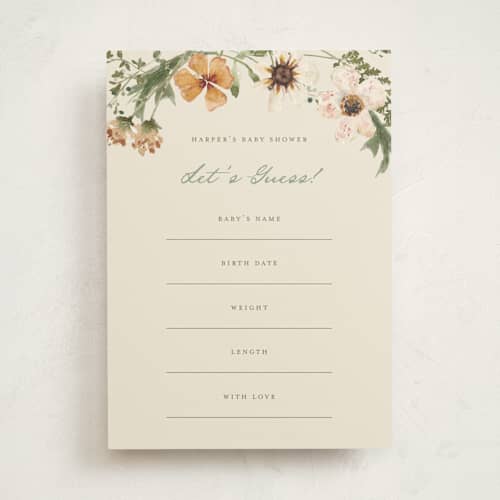 This is a cream baby shower game activity cards with standard by Reilly Kavanaugh called whimsical baby shower printing on signature in standard