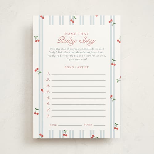This is a sky baby shower game activity cards with standard by Leia Matt called cherry sweet stripe printing on signature in standard