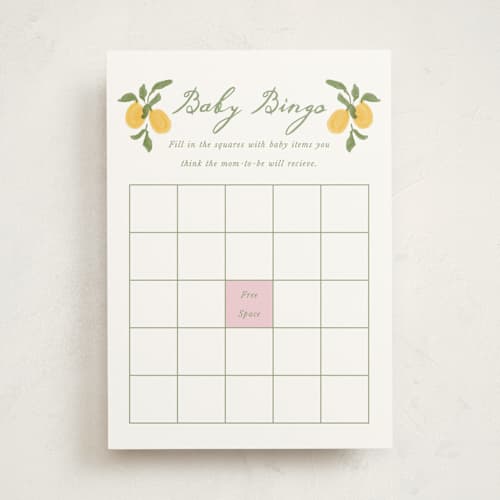 This is a pink lemonade baby shower game activity cards with standard by Angela Garrick called lemon and ribbon printing on signature in standard