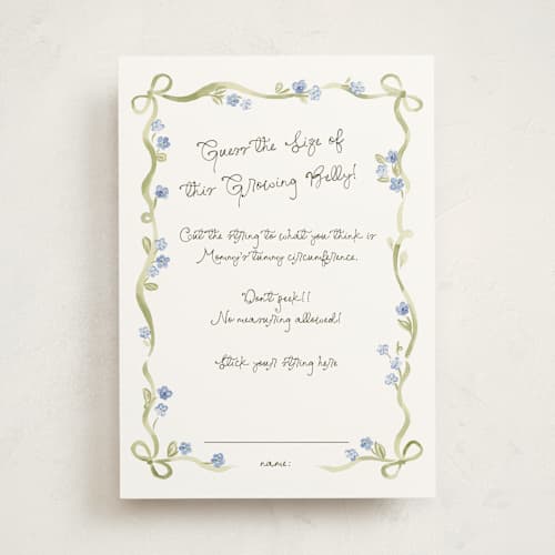 This is a powderblue baby shower game activity cards with standard by Pati Cascino called bowls and buds printing on signature in standard