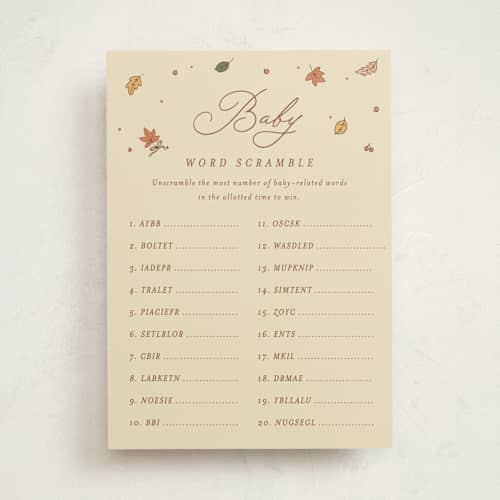 This is a pie baby shower game activity cards with standard by letterfix called sweet autumn printing on signature in standard