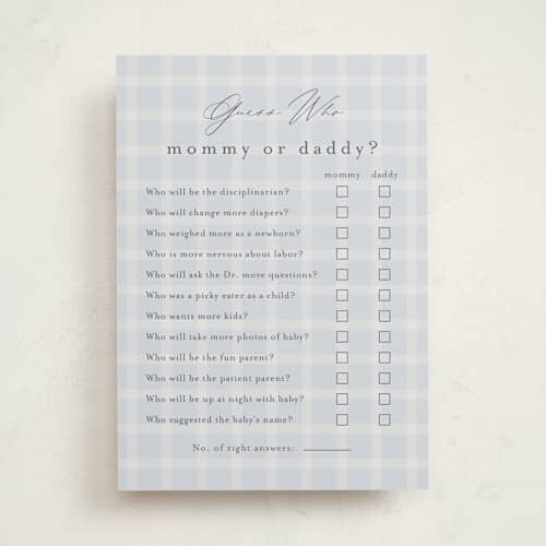 This is a raindrop baby shower game activity cards with standard by Stacey Meacham called baby wellies printing on signature in standard