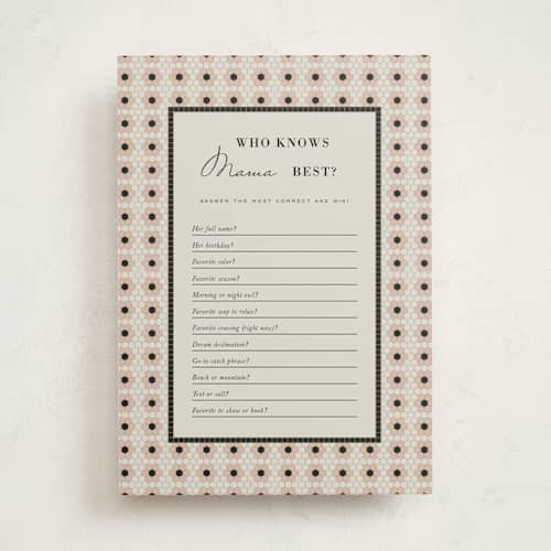 This is a blush baby shower game activity cards with standard by Sierra Lee called bebe bistro printing on signature in standard