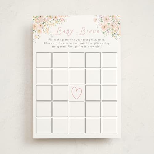 This is a blush baby shower game cards with standard by Itsy Belle Studio called floral rattle printing on signature in standard