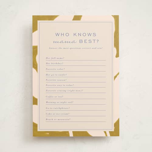 This is a mustard baby shower game activity cards with standard by Sierra Lee called flora printing on signature in standard