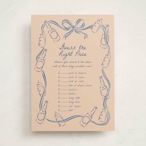 This is a periwinkle baby shower game activity cards with standard by Jamie Alexander called bottles and brews printing on signature in standard
