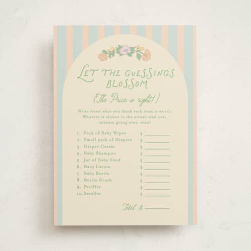 This is a sky baby shower game activity cards with standard by Creo Study called vintage blossom printing on signature in standard