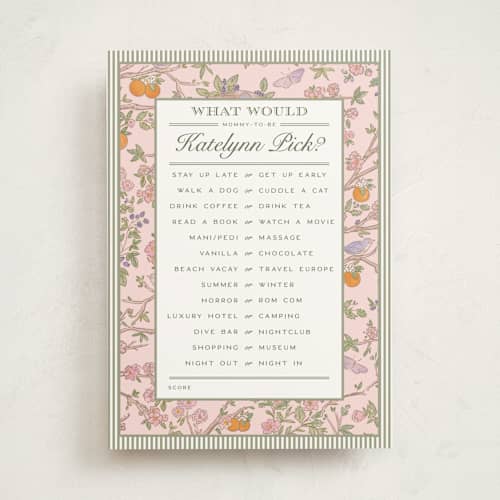 This is a petal baby shower game activity cards with standard by Jenna Holcomb called bird and bough printing on signature in standard
