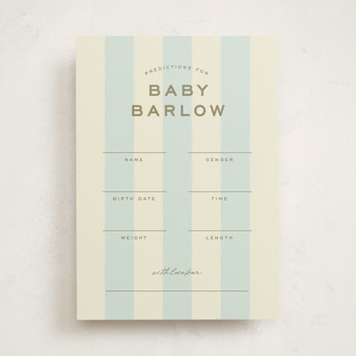 This is a baby blue baby shower game activity cards with standard by Ellen Schlegelmilch called oh boy printing on signature in standard