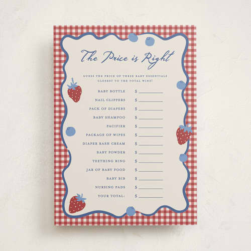 This is a barn baby shower game activity cards with standard by Kelly Watkins called so berry sweet printing on signature in standard