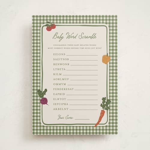 This is a moss baby shower game activity cards with standard by Kelly Watkins called farmers market printing on signature in standard