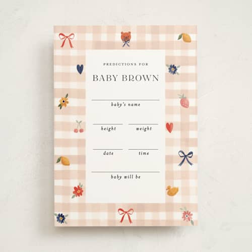 This is a shortbread baby shower game activity cards with standard by Sarah Knight called gingham printing on signature in standard