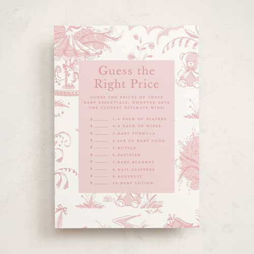 This is a blush baby shower game cards with standard by Teju Reval called baby toile printing on signature in standard