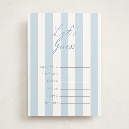 This is a periwinkle baby shower game activity cards with standard by Angela Thompson called sail boats baby printing on signature in standard
