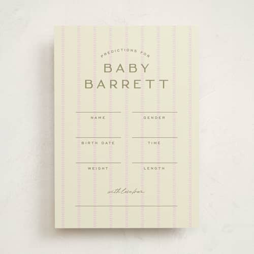 This is a blush baby shower game activity cards with standard by Ellen Schlegelmilch called stitched lines printing on signature in standard