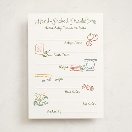 This is a meadow baby shower game activity cards with standard by Jenna Holcomb called locally grown sketch printing on signature in standard