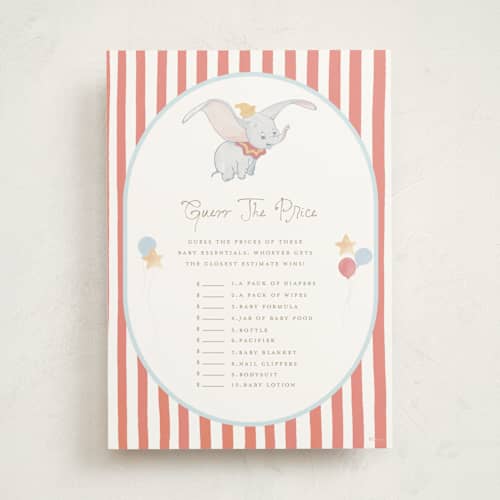 This is a pearl baby shower game activity cards with standard by Teju Reval called disney's dumbo come one come all printing on signature in standard