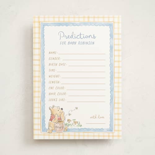 This is a pond baby shower game activity cards with standard by Creo Study called disney's winnie the pooh and a lil hunny printing on signature in standard
