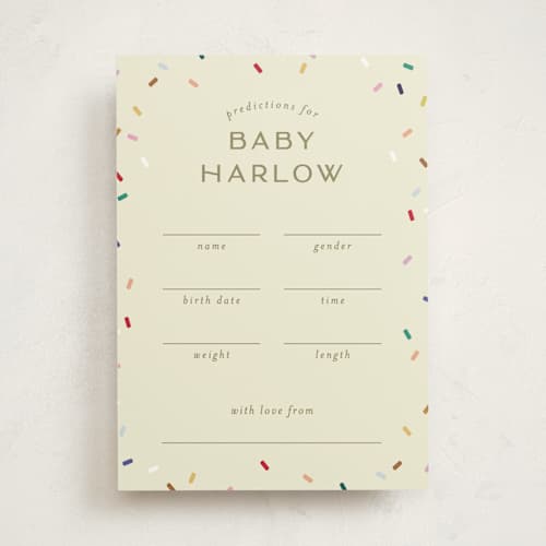 This is a cream baby shower game activity cards with standard by Ellen Schlegelmilch called tiny bold sprinkles printing on signature in standard